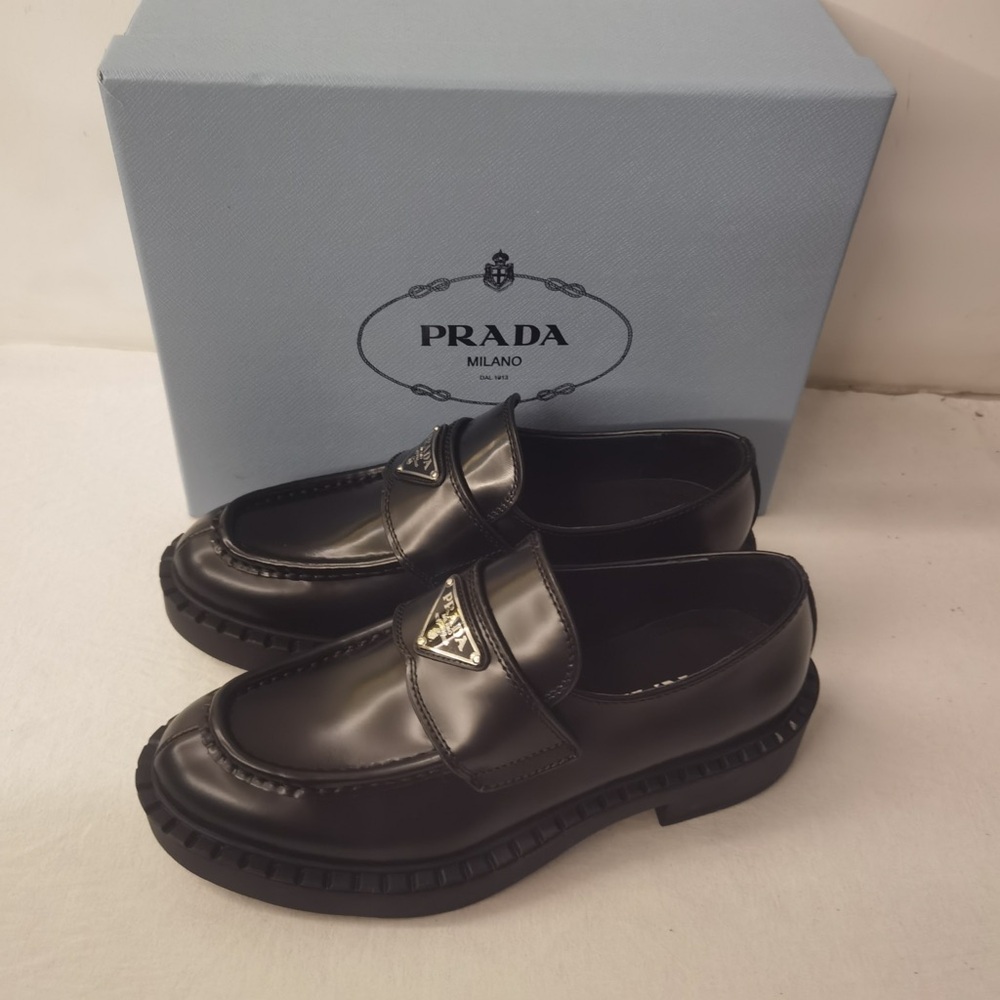 Prada Women's Dark Brown Leather Loafers with Logo Accent